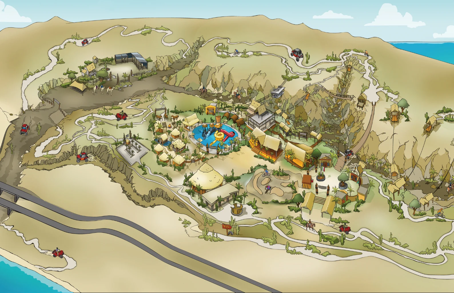 Illustrated map of the Wild Canyon adventure park in Los Cabos showing the zipline course, hanging bridge, off-road trails and water park