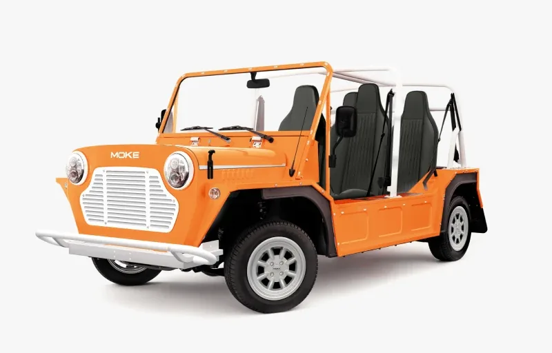 Orange Electric Moke open-air street-legal electric vehicle for rent in Los Cabos