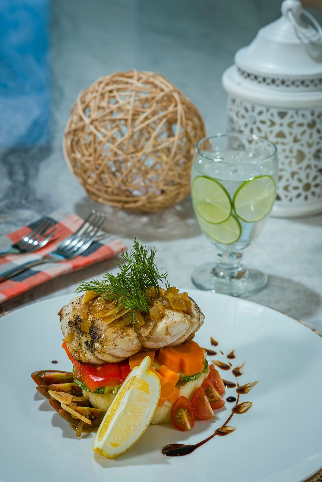 Pan-seared chicken with roasted vegetables, villa dinner plating