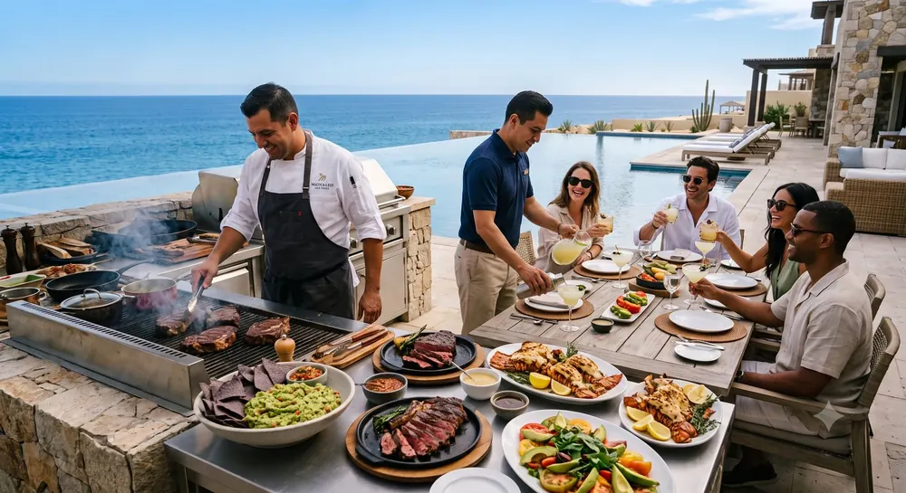 Private chef grilling and a butler pouring margaritas for guests at an oceanfront villa in Los Cabos