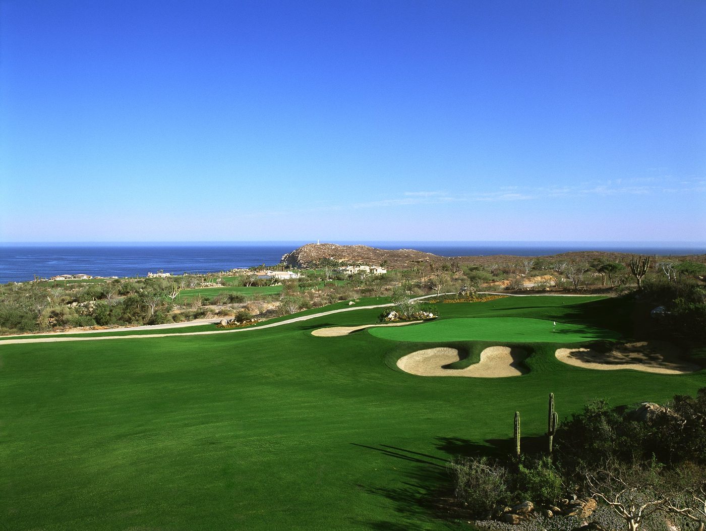 Ocean-view golf green at Cabo del Sol with the Sea of Cortez in the background