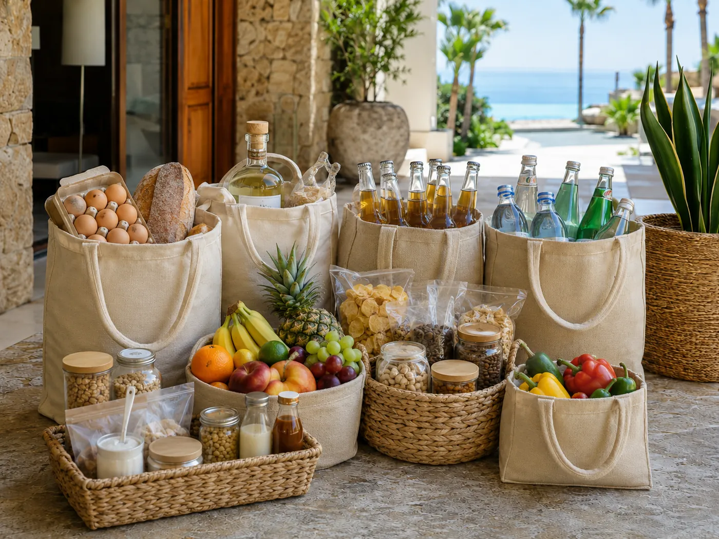 Canvas bags of groceries delivered and waiting at the entrance of a Los Cabos villa before check-in