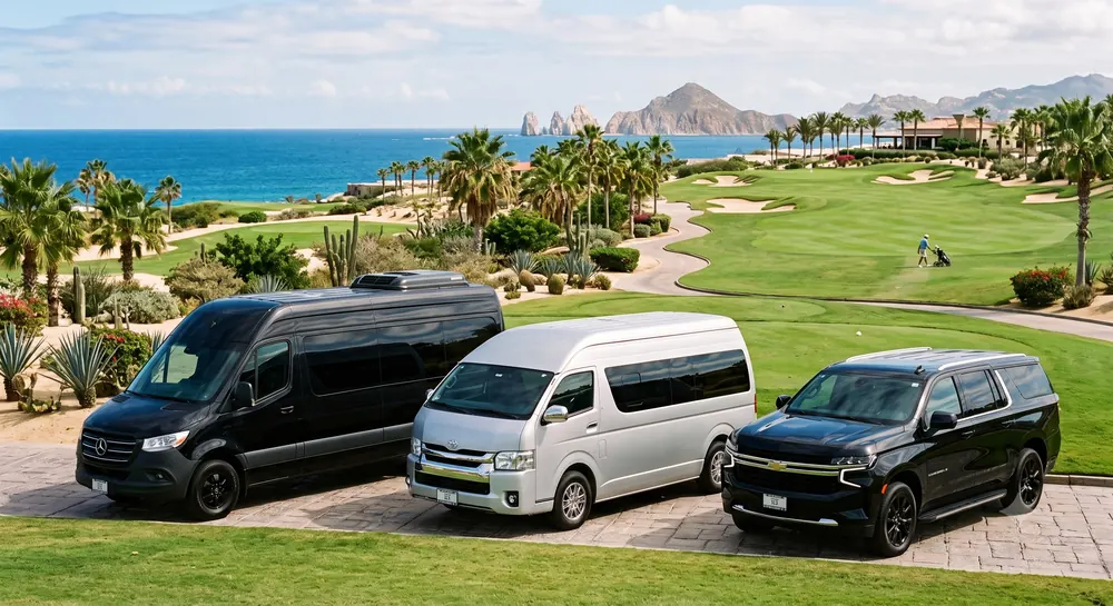 Blue Desert Cabo transportation fleet — Mercedes Sprinter, Toyota Hiace van and Chevrolet Suburban SUV at a Los Cabos golf course with El Arco in the background